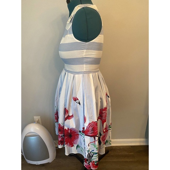 Sleeveless Pink Flamingo Blue White Stripe Fit Flair Retro Style Dress NWT Med - Picture 3 of 5
